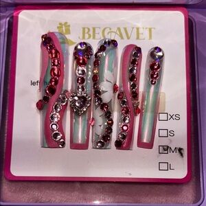 BEGAVET Pink Iridescent Rhinestone Press-On Nails